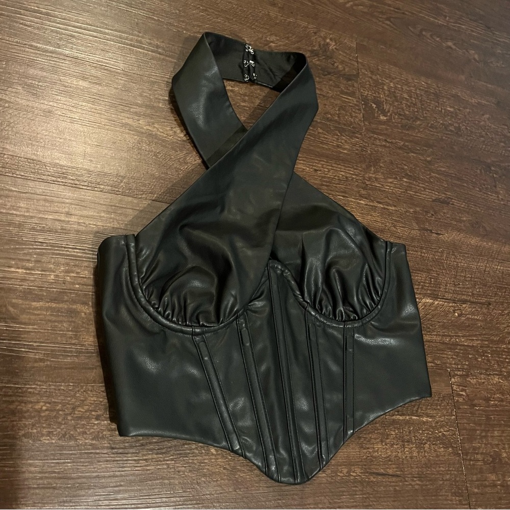NWT NBD Criss Cross Halter Neck Leather Corset Crop Top Sexy Black Womens Small